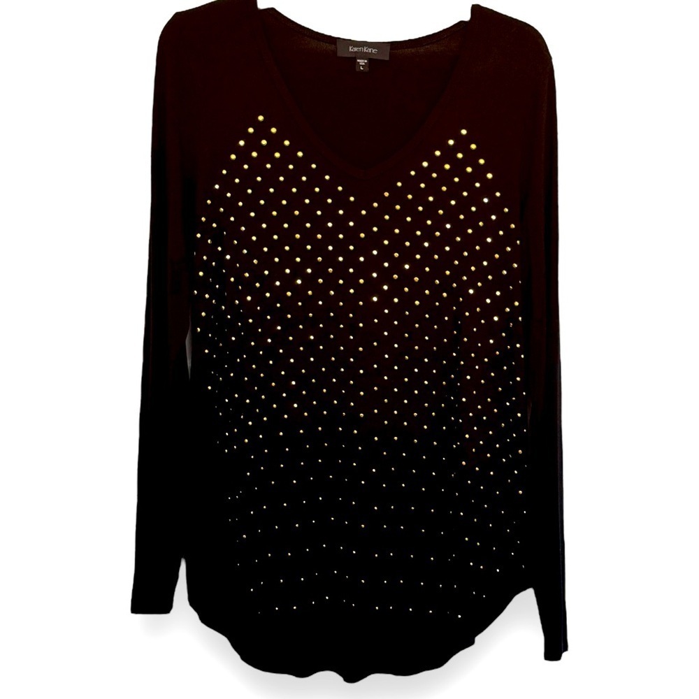 Karen Kane Size Large Black V-Neck Long Sleeve Gold Stud Embellished